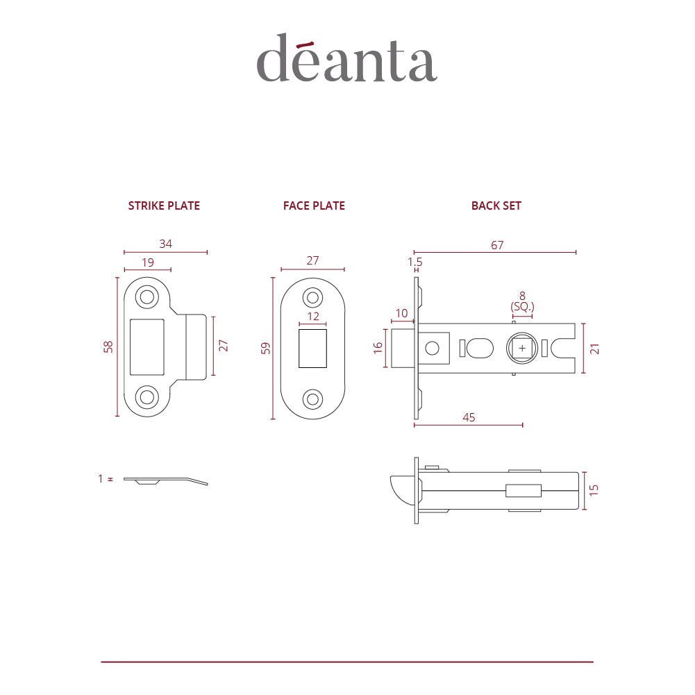 Deanta Tubular Latch Satin Nickel Non-Fire Rated