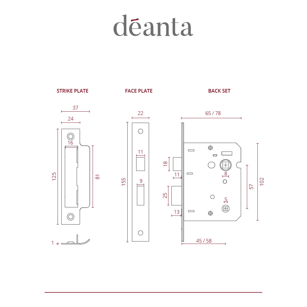 Deanta 3 Lever Bathroom Lock Satin Nickel