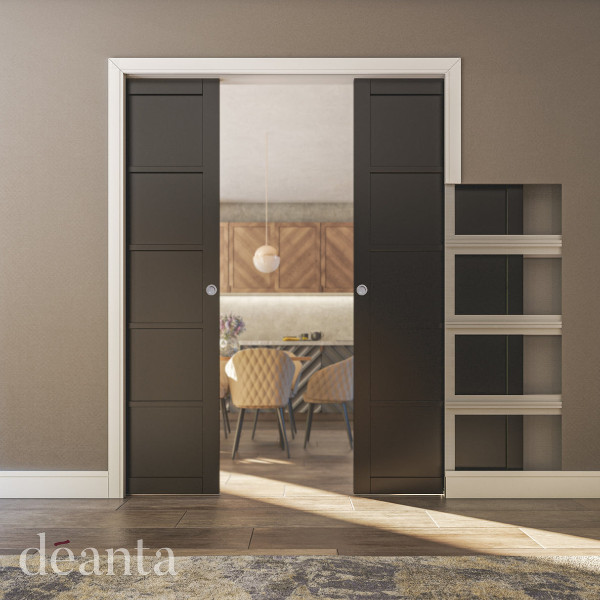 Deanta Double Pocket Door Kit + Handle & Pocket Doorjamb 100mm Oak Frame + Black Finish Hardware