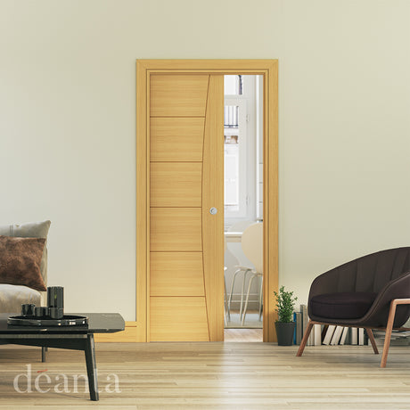 Deanta Single Pocket Door Kit + Handle & Pocket Doorjamb 125mm Oak Frame + Satin Chrome Finish Hardware