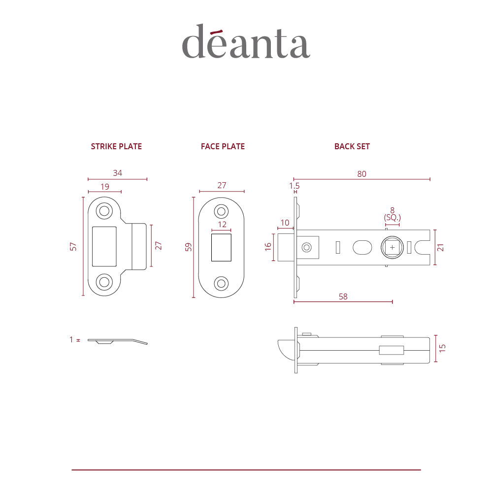 Deanta Tubular Latch Satin Nickel Non-Fire Rated