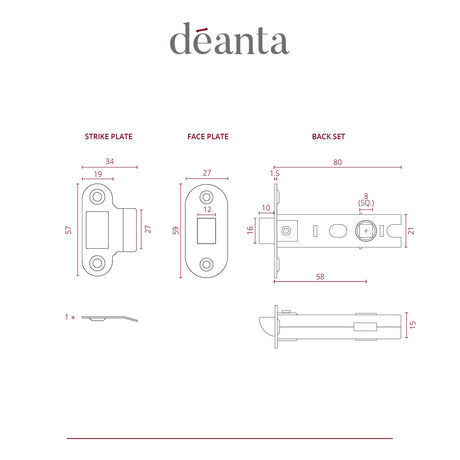 Deanta Tubular Latch Satin Nickel Non-Fire Rated